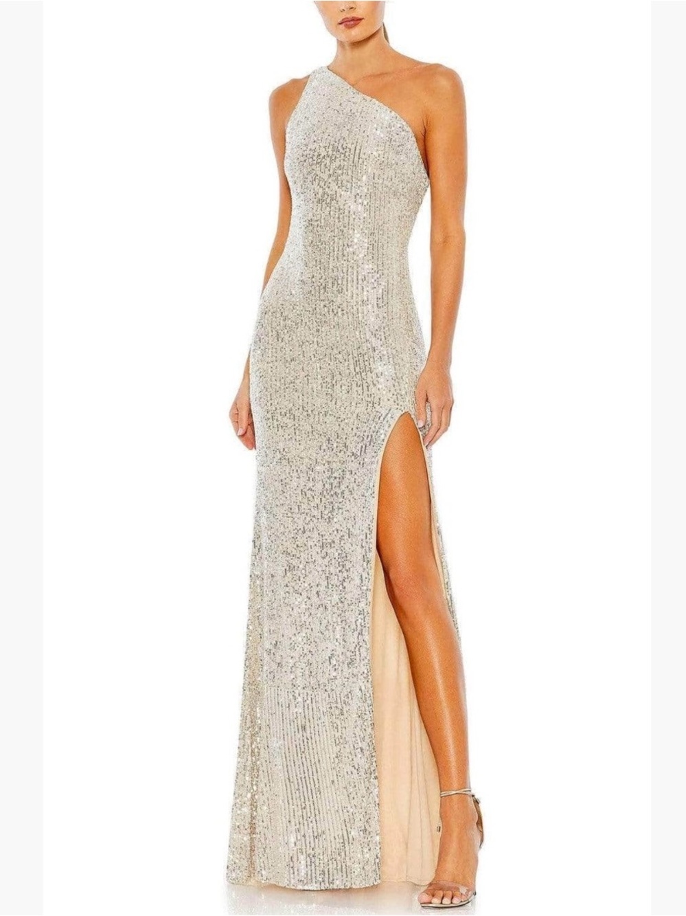 Mac Duggal Dress Size 10 One-Shoulder Sequin Asymmetrical Gown Silver Tan Nude